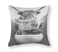 0Scottish Highland Cow in Bathroom_whimsy Animal Art_ Bathroom Humor_ Funny Bathroom Print_ Animal on Toilet_ Black And White_ Kids Bathroom-1_1_1 Funda de almohada de poliéster y núcleo de almohada
