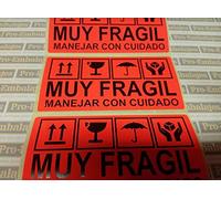 1.000 Etiquetas MUY FRAGIL MANEJAR CON CUIDADO + Pictogramas - Papel fluor rojo - Tamaño 100 x 50 mm - Suministradas en 1 rollo