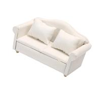 1/12 - Figura de sofá de tela blanca con marco de madera, muebles en miniatura suave para sala de estar, decoración de escena de casa de muñecas