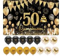 (1+15) Decoración para Cumpleaños 50 Escrita en Español 1 Pancarta Feliz Cumpleños 50 Decoración 50 Años Negro Oro Happy Bithday Fondo Cartel con15 Globos para Cumpleaños Adornos Kit para Cumpleaños