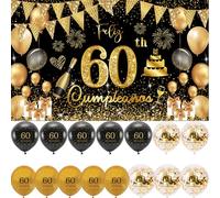 (1+15) Decoración para Cumpleaños 60 Escrita en Español 1 Pancarta Feliz Cumpleños 60 Decoración 60 Años Negro Oro Happy Bithday Fondo Cartel con15 Globos para Cumpleaños Adornos Kit para Cumpleaños …