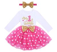 1/2/3 cumpleaños niña traje manga larga princesa tutú tul vestido de tul+cinta de lentejuelas 2 piezas conjuntos de ropa, Rose Red Polka Dot-1st, 12 meses