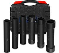 1/2 Inch Drive Extended Length Impact Socket Set - 6 Piece Extra Deep Impact Socket Set - Hex Size 3/4", 7/8", 15/16", 1-1/16", 1-1/8", 1-1/4" Heavy Duty With Storage Case For High Torque Use