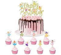 1+24 Piezas Decoracion Tartas Cumpleaños de Hadas, Tarta Cumpleaños, Decoracion Tarta, Decoracion Tartas Cumpleaños Feliz, Happy Birthday Decoracion para Niña, Niños