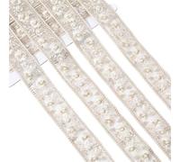 1.38 Inch White Embroidered Floral Lace Ribbon Pearl Bead Woven Fabric Trim Tape Flower Embroidery
