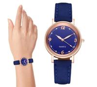 1/5 piezas de cuero para mujer, dorado, con diamantes de imitación, cuarzo clásico con esfera fácil de leer, correa de cuero para mujer, cara pequeña redonda para fiesta, 6 colores, azul,