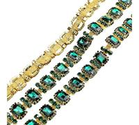 1.8cm Rectangle Glass Rhinestone Flower Chain DIY Wedding Dress Belt Diamond Strip Decorative Crystal Trim Clothing Accessories(Green zircon gold,50cm)