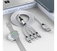 1.8M/6Ft Multi 5 en 1 USB Cable de carga universal para reloj inteligente,Cargador de reloj magnético+Lightning*2+Tipo C+micro USB Adaptador cable iPhone para Apple Watch Series 1-6 SE/Android/Huawei