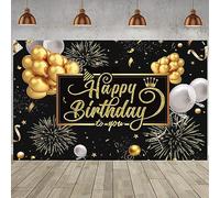 1.8x1.2m Telón de Fondo Cumpleaños Negro y Oro Happy Birthday Signo Globo Fuegos Artificiales Cartel Fotografía Fondo Fiesta de Cumpleaños Interior Decoraciones al Aire Libre Banner Photo Booth Props