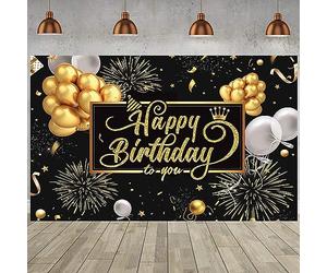 1.8x1.2m Telón de Fondo Cumpleaños Negro y Oro Happy Birthday Signo Globo Fuegos Artificiales Cartel Fotografía Fondo Fiesta de Cumpleaños Interior Decoraciones al Aire Libre Banner Photo Booth Props