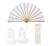 1 Abanico Plegable De Encaje Blanco Con Bolsa De Almacenamiento De 1 Compartimento, 1 Par De Guantes De Malla, Abanico Bordado Hueco, Accesorios De Vestir Retro