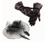 1 accesorio para el cabello de malla nupcial, 1 par de guantes de malla, velo negro, tocado elegante, sombrero glamuroso, sombrero de boda