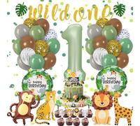 1 Año Cumpleaños Decoracion Selva Animales Globos, con “Wild One” Bandera, Selva Animales Cupcakes Decoracion, Globos, para Cumpleaños Fiesta, Safari Fiesta (1)