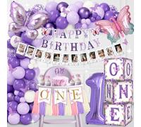 1 Año Decoraciones Cumpleaños Niñas,Decoración de Cumpleaños de Mariposa,Globos Cumpleaños 1 Año,Mariposa Arco de Globos,Caja de Globos,Banner para Trona,Banner con Foto,Adorno para Pastel (Mariposa)