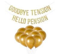1 bandera de jubilación de jubilación, 10 globos dorados, pancarta con texto en inglés "GOODBYE TENSION HELLO PENSION", pancarta con purpurina, decoración de fiesta de jubilación