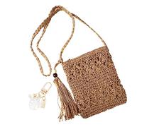 1 bandolera de un solo hombro de paja para mujer, bandolera de playa para todo el verano, bolsa de ocio con borlas, 1 abalorio de accesorio de concha (marrón claro)