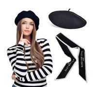 1 boina francesa con 1 bufanda de seda, gorro para mujer, gorro de invierno retro, suave y ligero, joyería de accesorios de moda, adecuado para reuniones con amigos, decoración de fiesta (negro),