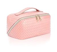 1 bolsa de almacenamiento, bolsa de cosméticos para mujer, bolsa de almacenamiento plana, bolsa de cosméticos de viaje grande, bolsa de cosméticos portátil impermeable (patrón tejido, rosa), rosa,