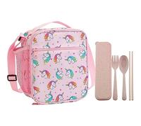 1 bolsa de almuerzo Rainbow Horse y 1 juego de cubiertos, bolsa de picnic aislada portátil, bolsa aislada multifuncional con bolsillos laterales de malla, para la escuela, picnic, camping (rosa)