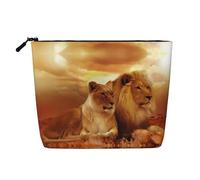 1 bolsa de maquillaje de cáñamo falso con estampado de jirafa, organizador de artículos de aseo de viaje, almacenamiento diario, esencial para viajes de negocios, León africano y leona, Talla única