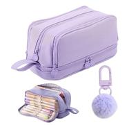 1 Bolsa De Papelería De Gran Capacidad Y 1 Cole De Bola De Peluche, Estuche De Lápices Morado, Bolsa De Almacenamiento En Capas, Estuche De Lápices Para Estudiantes, Estuche De Lápices Lindo.