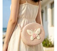 1 bolso bandolera pequeño redondo rosa con diseño de mariposa floral | Bolso de mano ajustable con correa tejida fina y cremallera para playa, vacaciones, compras, uso diario e informal