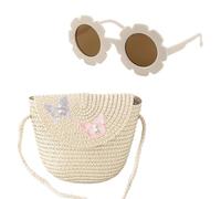 1 Bolso De Hombro De Paja De Mariposa con 1 Gafas De Sol En Forma De Flor, Bolso De Paja para Niñas, Mini Bolso De Hombro para Niños, Lindo Bolso De Almacenamiento Pequeño