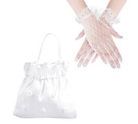 1 bolso de mano de boda con 1 par de guantes de encaje, bolso de boda para novia, bolso de dama de honor, bolso para boda, accesorio de comunión para niñas (blanco)