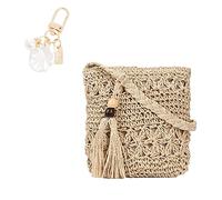 1 bolso de paja de un hombro para mujer, bolso de mensajero de playa que combina con todo para el verano, bolso informal con hueco con flecos beige, 1 colgante de accesorio de concha de playa
