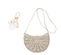 1 bolso de paja de un solo hombro para mujer, bolso de playa versátil para el verano, bolso de vacaciones informal con borla beige, 1 colgante de accesorio de concha de playa