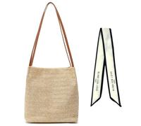 1 Bolso De Paja De Un Solo Hombro Y 1 Pañuelo De Seda Largo, Bolso De Playa De Moda De Verano, Bolso De Cubo Informal Que Combina Con Todo, Suministros Diarios A Juego Para Damas.