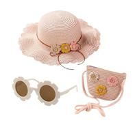 1 Bolso De Paja para Niñas, 1 Sombrero De Paja para El Sol, 1 Par De Gafas De Sol De Flores, Mini Bolso De Hombro para Niños, Accesorios De Viaje De Verano, Viajes Y Actividades Al Aire Libre