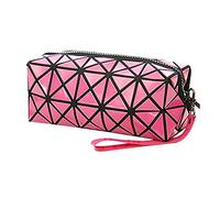 1 bolso plegable para mujer, con diseños de rombos, de piel sintética, en forma de cubo, para maquillaje o como bolso de mano, Rosa