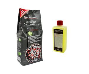 1 briquetas LotusGrill Superior para barbacoa de 3 kg + 1 pasta de combustión LotusGrill de 500 ml - CO2 neutro, se enciende rápidamente + tiempo de combustión