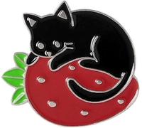1 broche esmaltado con dibujos animados de gato y fresa, pin de solapa para mujeres y niñas, mochilas, ropa, chaquetas, joyas, broches y alfileres para mujer, moda para hombre, 5.0 Centimeters, Madera