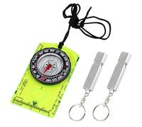 1 brújula verde fluorescente y 2 silbatos plateados, accesorios para exteriores, brújula de senderismo, minibrújula, equipo de camping, brújula para niños, brújula portátil