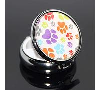 1 caja de píldoras de metal redonda portátil mini organizador de tableta de medicina, soporte para bolso de bolsillo, regalo de viaje, compacto 3 compartimentos, huellas coloridas de perro en blanco