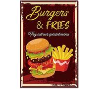 1 cartel de hamburguesas y papas fritas de metal vintage para placa, póster, bar, pub, garaje, comida