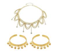 1 cinturón de borlas y 2 pulseras de campana, cadena de cintura para danza del vientre, pulsera de metal abierta, colgante de borla, accesorio de metal, adecuado para bailes y bodas