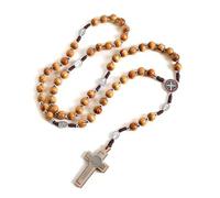 1 collar con cruz de rosario católico y bolsa de franela, 56 cm, marrón natural - Joyería religiosa católica para hombres y mujeres