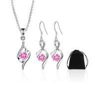 1 collar de circonita, 1 par de pendientes de gota, 1 bolsa de almacenamiento, joyas de diamantes rosas para niñas, accesorios de moda para cumpleaños, fiestas, San Valentín, Cobre