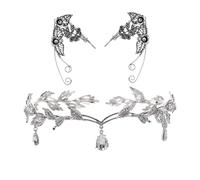 1 corona de elfo con gotas de agua, incluye 1 par de pendientes de elfo, tocado de hada, accesorio para el pelo plateado, orejas de dibujos animados, accesorios de hadas, juego de rol de elfo