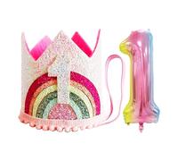 1 Corona De Primer Cumpleaños, 1 Globo, Princesa Bebé, Sombrero De Decoración De Fiesta, Diadema De Arcoíris, Accesorio Para El Cabello, Ajustable, Adecuado Para El Primer Cumpleaños De La Niña