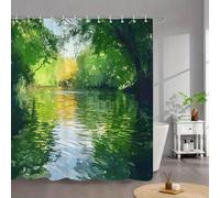 1 Cortina de baño con diseño de río Iluminado por el Sol 160x183cm/Ancho X Alto Diseño de Paisaje impresionista con Agua Que imita un Espejo y un exuberante Dosel para una habitación húmeda.