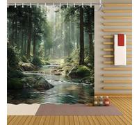 1 cortina de ducha de poliéster con diseño de arroyo en un bosque sereno, pinos y cascada con luz solar, lavable a máquina, para todas las estaciones (180 x 215 cm / 71 x 85 pulgadas (ancho x alto)).