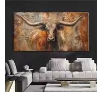 1 Cuadro de pared en lienzo con diseño de toro de cuernos largos - Pintura rústica de estilo granja moderna en tonos marrones, duradera y ligera para la decoración del hogar (40x80cm/sin marco)