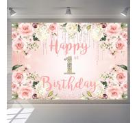 1. Cumpleaños decoración niña Happy 1st Birthday Banner Tela Cartel Cartel Cartel 1er Cumpleaños Fondo Banner, Fiesta de Cumpleaños Bienvenida Acuarela Flores Elemento