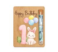 1. Cumpleaños Niñas Regalo de Dinero de Madera con Tubo de ensayo y caja, Regalo 1 Año Niña Conejito Diseño Feliz Cumpleaños Decoración para Primera Celebración Embalaje Dinero con Globos