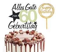 1 decoración para tartas de 60 año, con 1decoraciones de madera, decoración para tartas Happy 60 años, 60 cumpleaños para mujeres y hombres