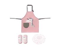 1 delantal de caballo rosa con 1 par de mangas rosas y 1 gorro de pelo con gotas de agua, juego de delantal para niños, delantal impermeable ajustable, bata de bebé